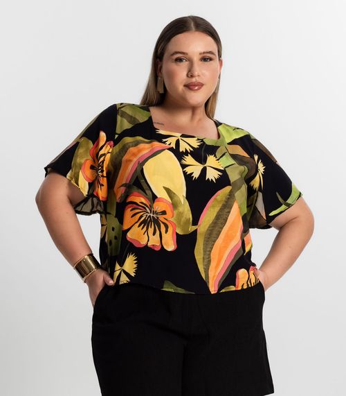 Blusa Feminina Plus Size Estampada Secret Glam Preto