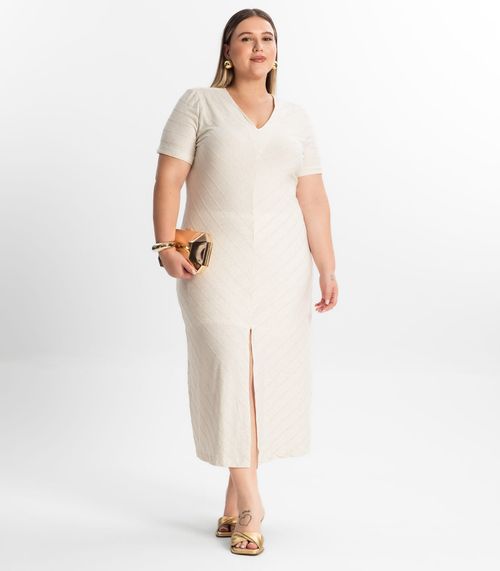 Vestido Midi Plus Size com Fenda Secret Glam Bege