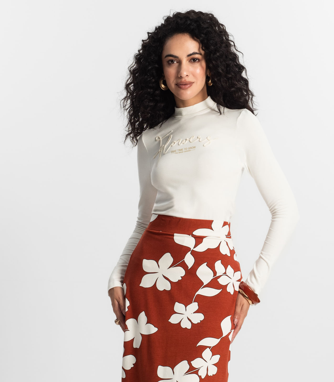 Blusa Feminina Rovitex Manga Longa Flowers Off White