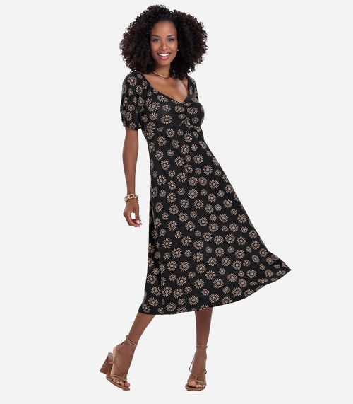 Vestido Feminino Midi Estampado Rovitex Preto