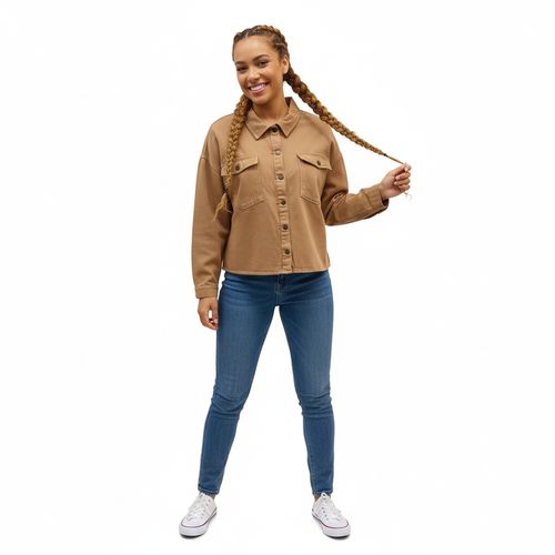 Jaqueta Manga Longa Jeans Overshirt Com Tachas Nos Bolsos Liso - INK