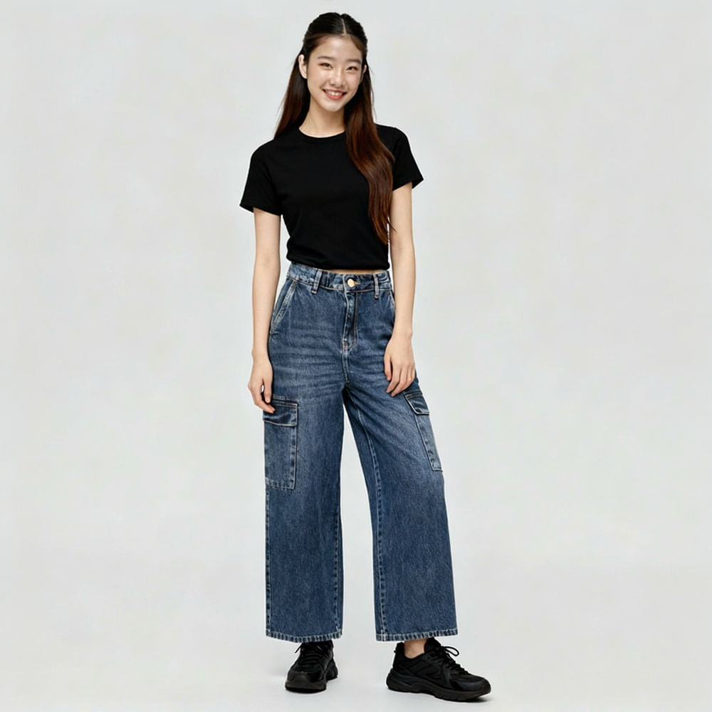 Calça Feminina Wide Cargo Bolsos Chapados Jeans Escuro Lisa - INK