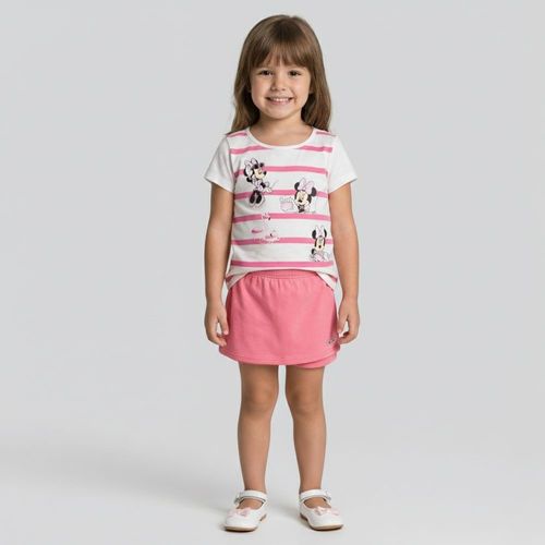 Conjunto Manga Curta Frontal Listrado Minnie Flamingo E Short Saia - Disney