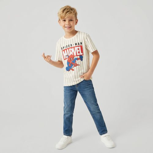 Camiseta Manga Curta Listrada Spider Estampado Off White - Marvel