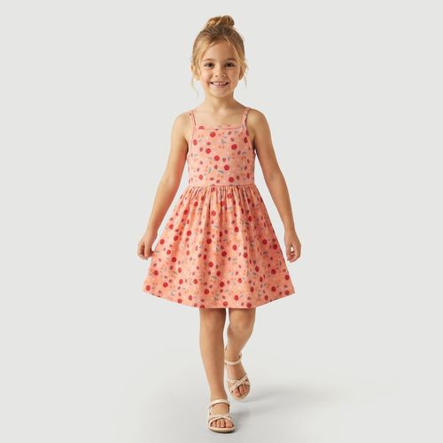 Vestido Infantil Sem Manga com Alças Finas Em Algodão Estampado Frutas - Yeapp