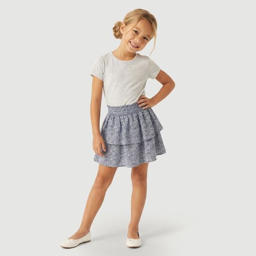 Saia Infantil Em Camadas com Babado Estampa Floral Azul - Yeapp