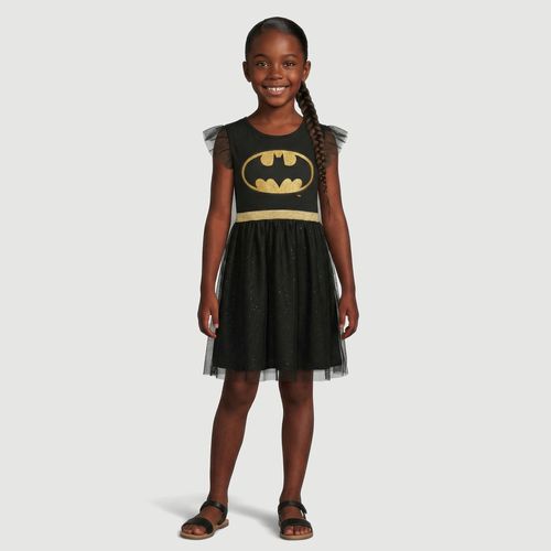 Vestido Infantil Manga Curta Fantasia com Tule E Brilho Batman Preto - Warner