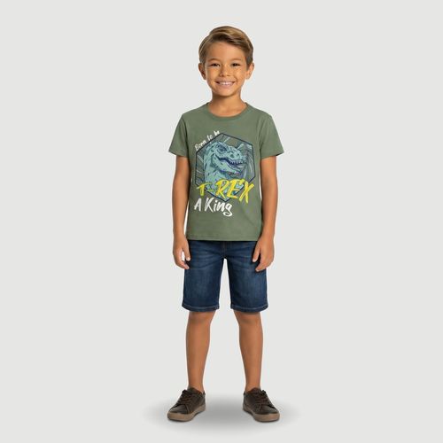 Camiseta Masculina Manga Curta com Estampa De T-Rex Verde - Yeapp