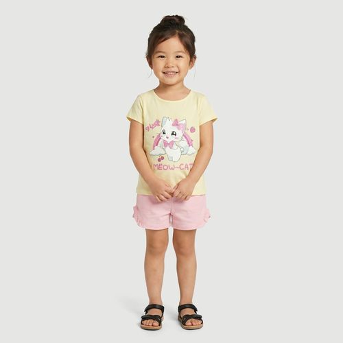 Blusa Infantil Manga Curta com Estampa Gatinho Arco-Íris Amarela - Toys & Kids