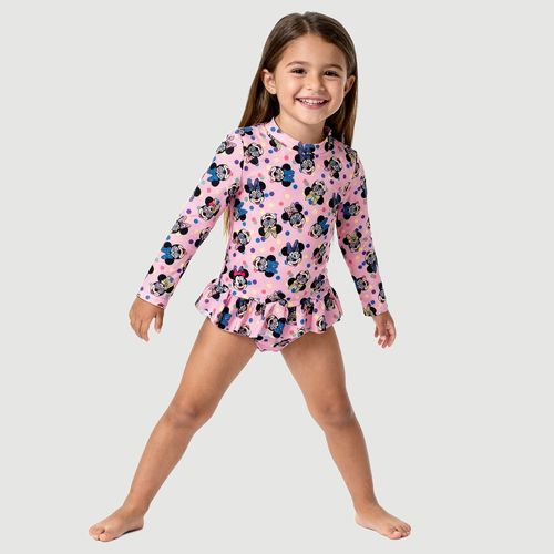 Conjunto Praia Infantil Manga Longa com Babado Minnie Mouse Rosa - Disney