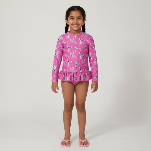 Conjunto Infantil Manga Longa com Babado Stitch Rosa - Disney