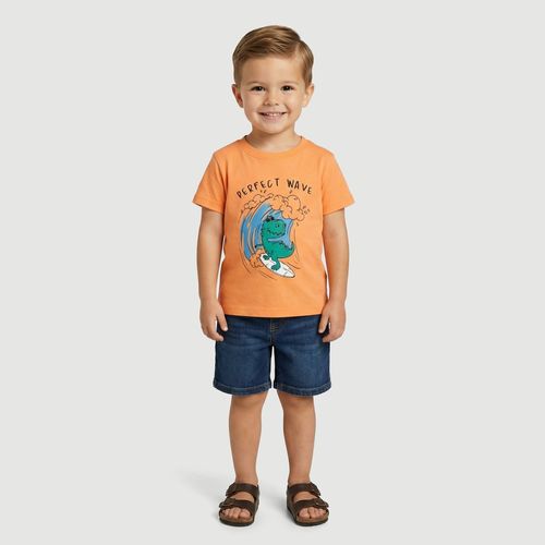 Camiseta Infantil Manga Curta Dino Wave com Estampa Perfect Wave Laranja - Toys & Kids