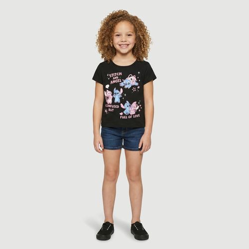 Blusa Infantil Manga Curta Gola Redonda Estampa Stitch E Angel Preta - Disney