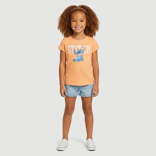 Blusa Infantil Manga Curta College com Estampa Stitch Laranja - Disney