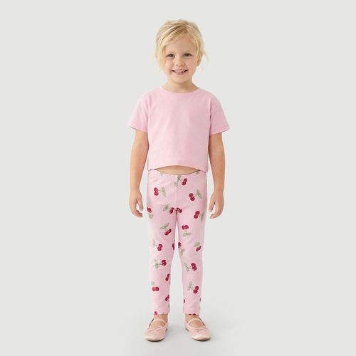 Calça Infantil Longa Em Malha com Cós Elástico Estampa De Cerejas Rosa - Toys & Kids