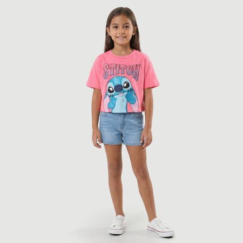 Blusa Infantil Cropped Manga Curta Estampa Stitch Rosa - Disney