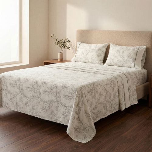 Jogo de cama king 4 peças 200 fios Estela 100% algodão floral bege - Andreza Enxovais