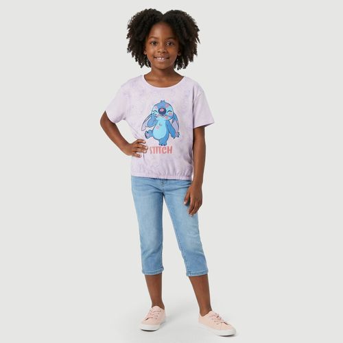 Blusa Manga Curta com Barra Em Elástico Estampa Stitch Lilás - Disney