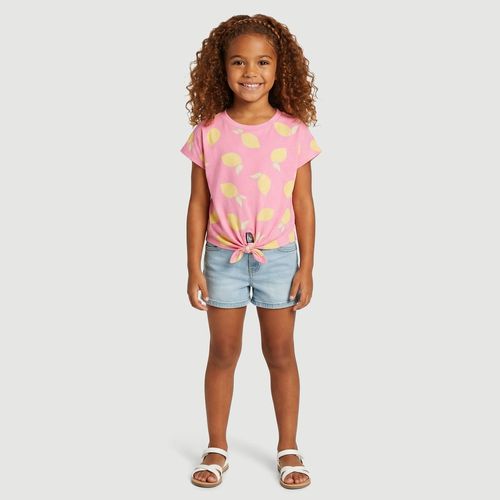 Blusa Infantil Manga Curta com Nozinho Estampa De Limões Rosa - Yeapp