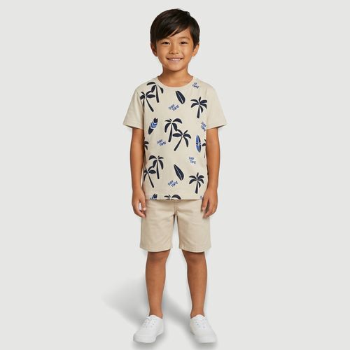 Camiseta Masculina Manga Curta Estampa Tropical Bege - Yeapp