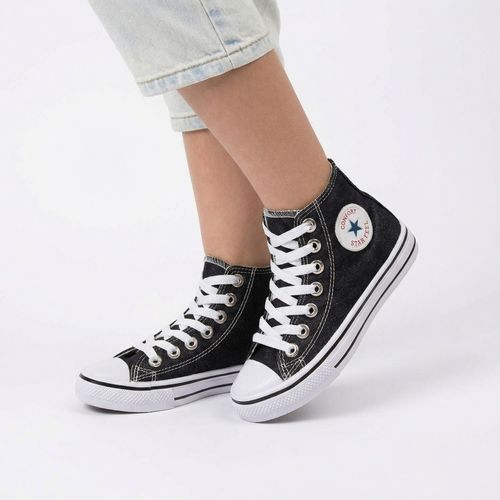 Tênis Feminino Cano Alto Com Cadarço Em Lona Preta