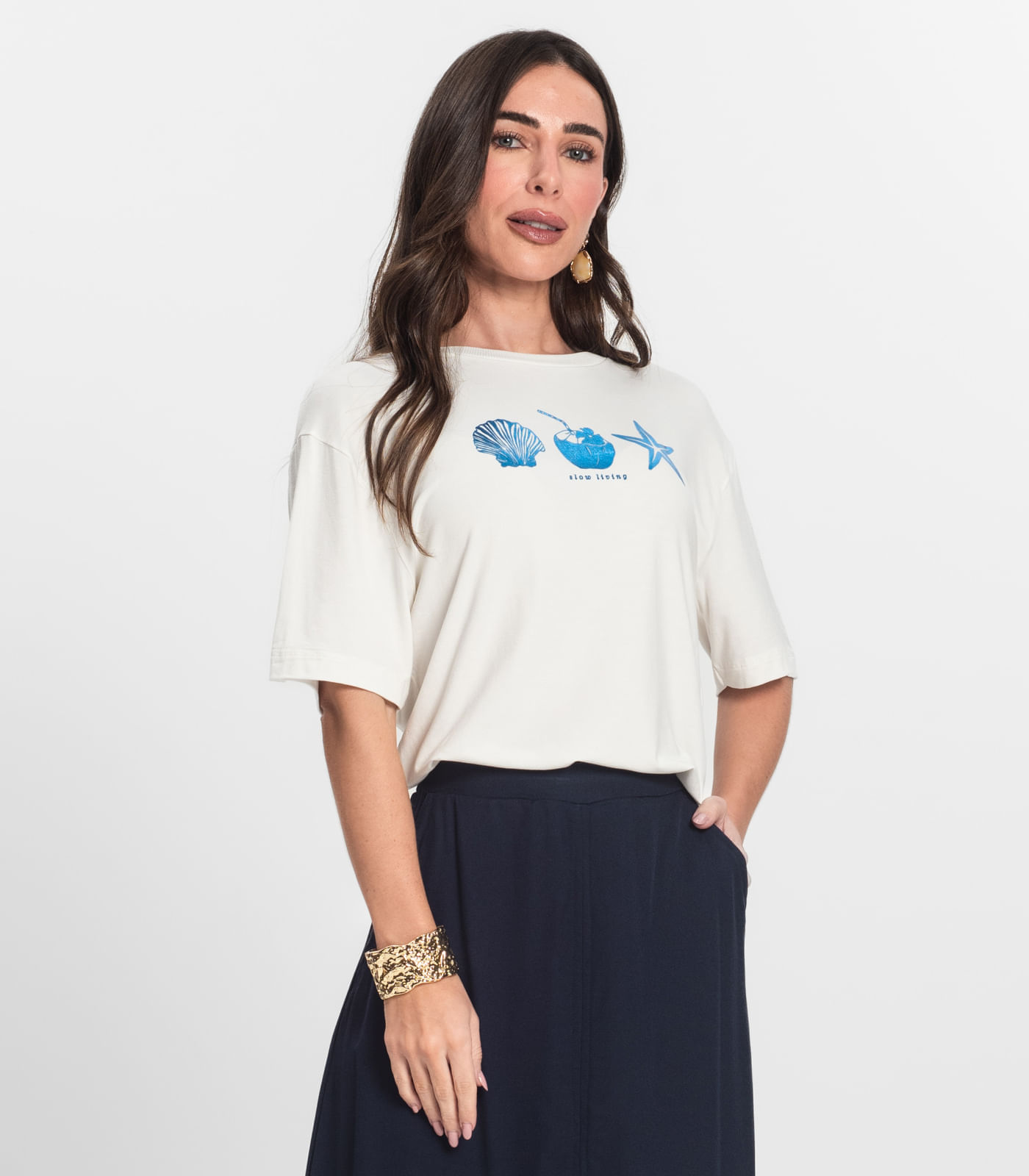 T-Shirt Feminina Endless Viscose Estampa Off White/azul