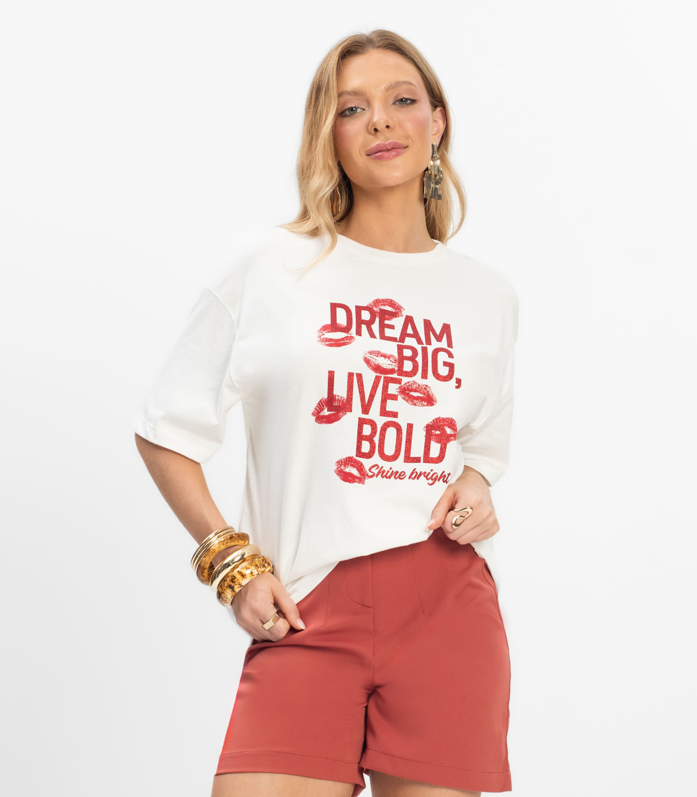 T- Shirt Overzised Meia Malha Feminina Rovitex Bege