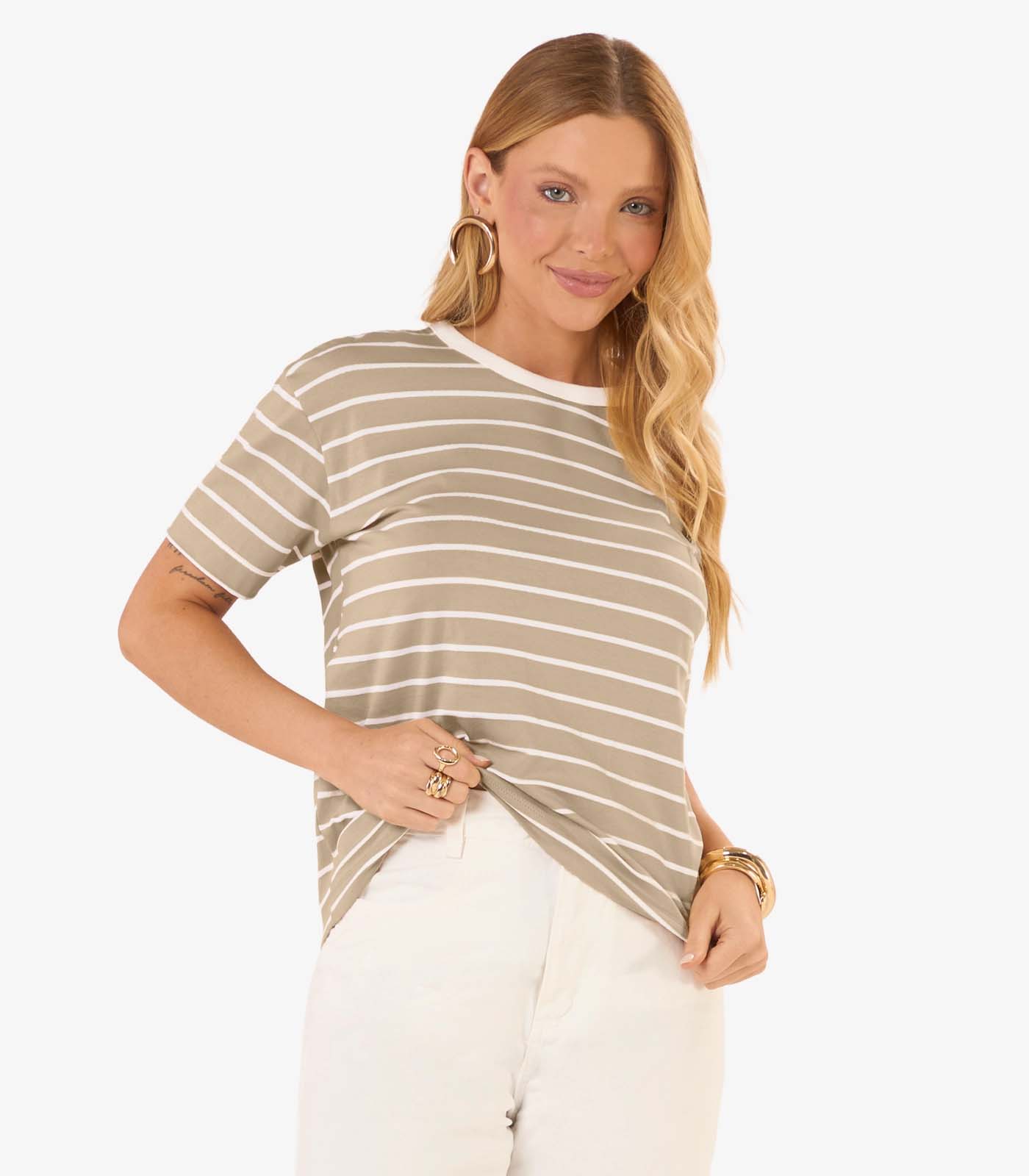 T-Shirt Feminina Básica Listrada Em Cotton Rovitex Bege