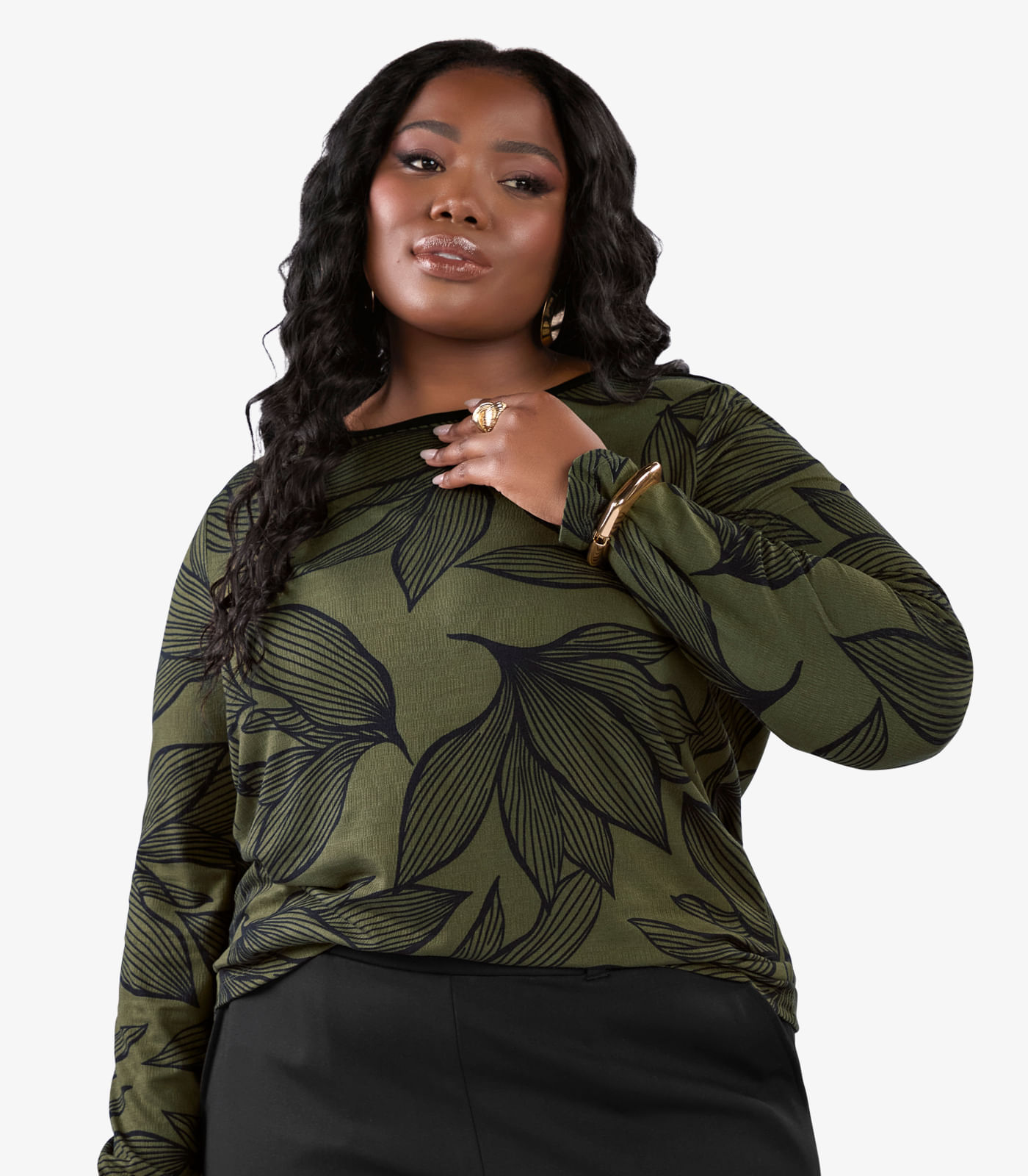 Blusa Manga Longa Estampada Plus Size Secret Glam Verde