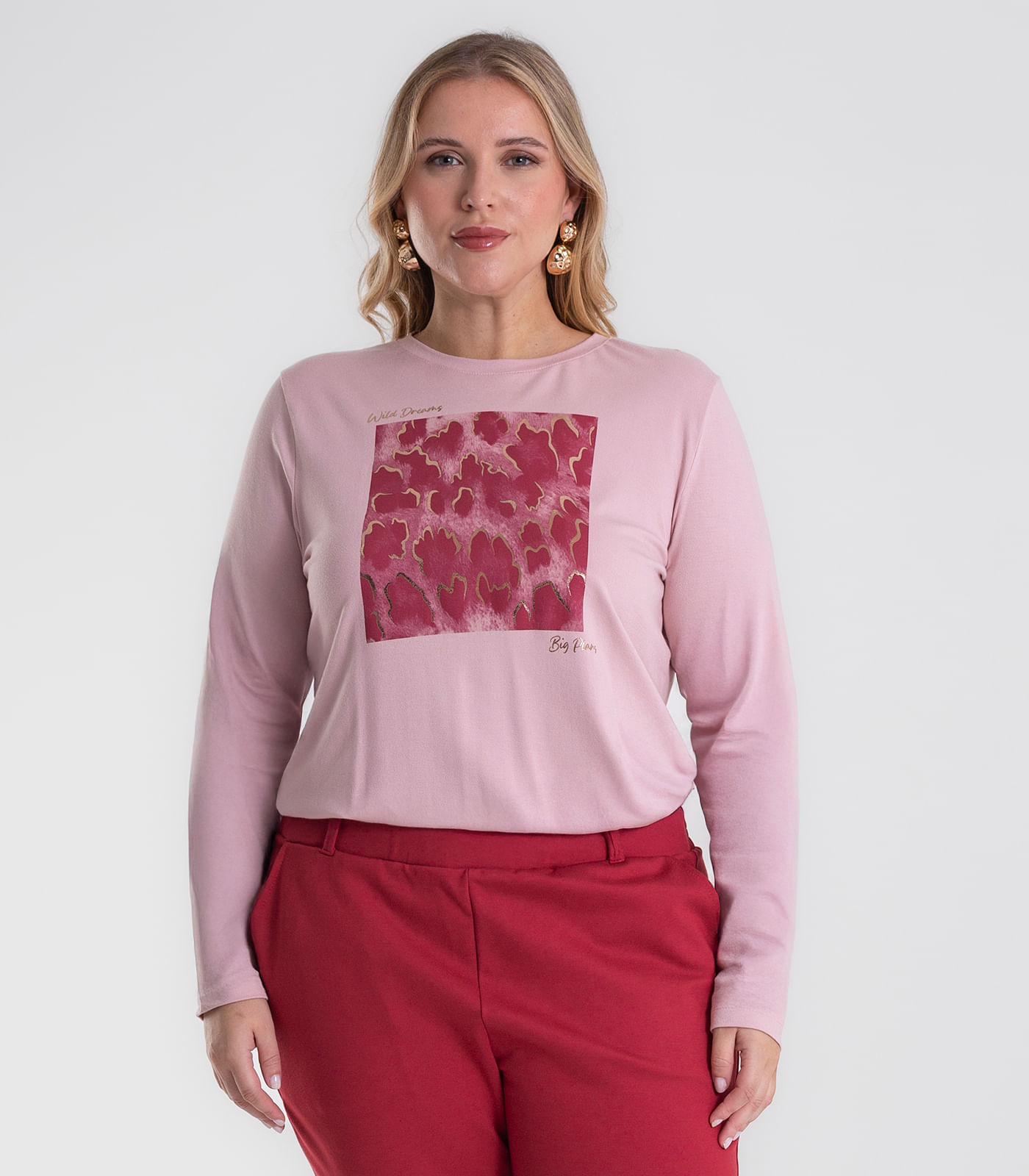 Blusa Manga Longa Estampa Plus Size Secret Glam Rosa