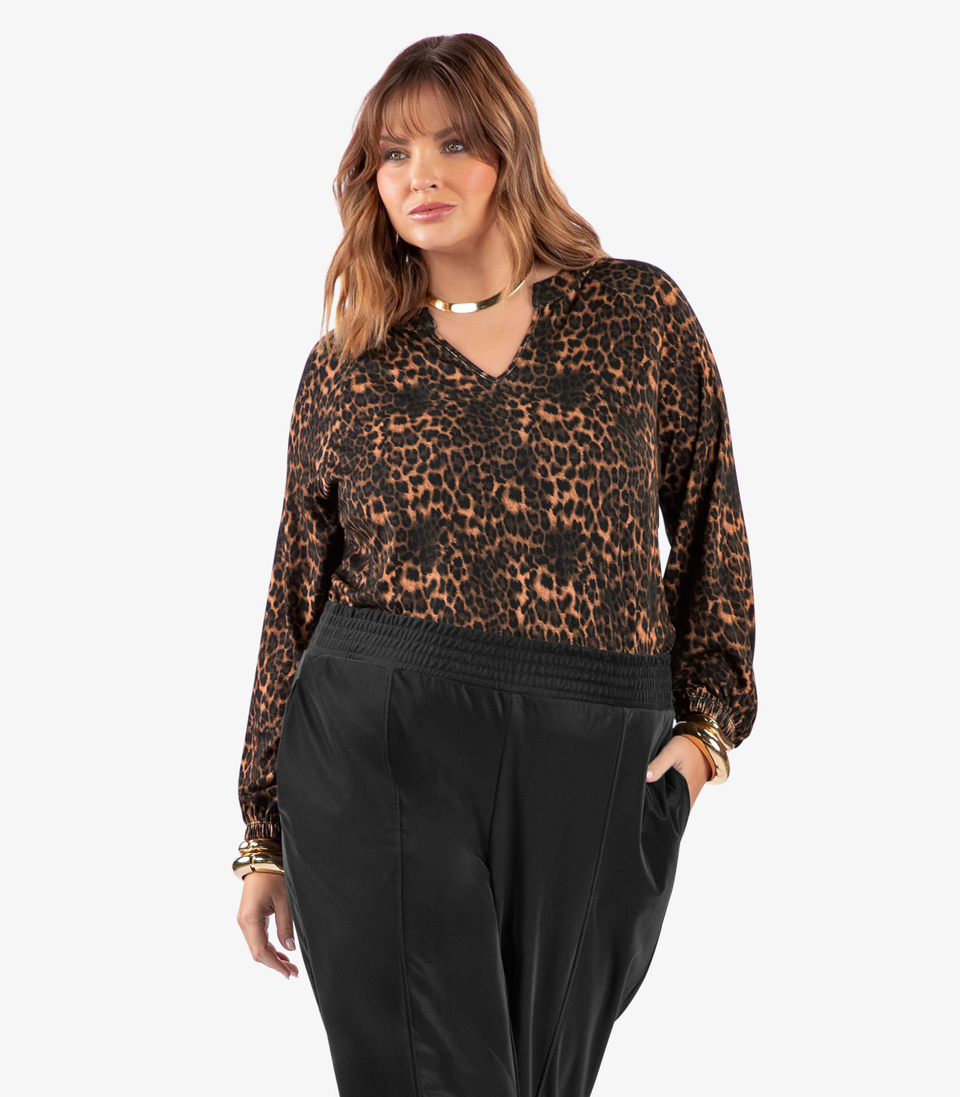 Blusa Manga Longa Estampa Onça Plus Secret Glam Marrom
