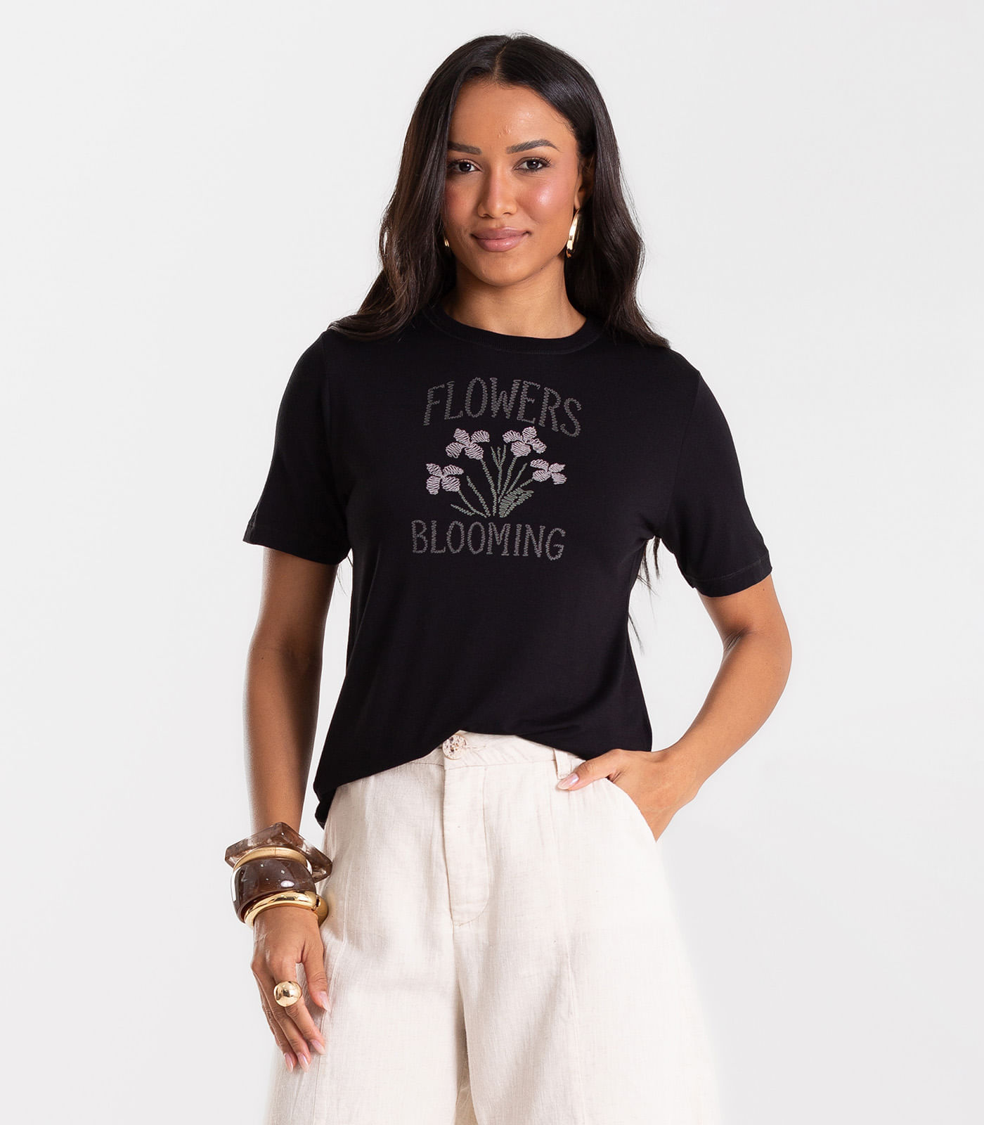 Blusa Feminina Viscotorcion Com Estampa Rovitex Preto