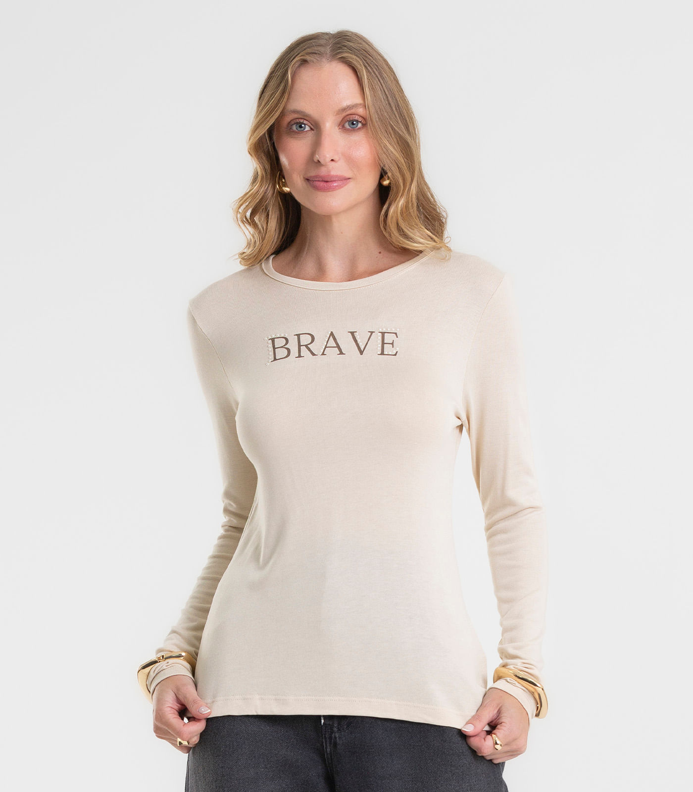 Blusa Feminina Manga Longa Estampada Rovitex Bege
