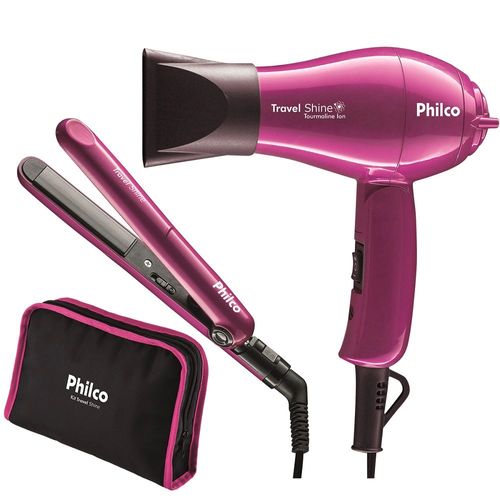 Kit Travel Shine Rosa Philco Prancha + Secador Bivolt Rosa