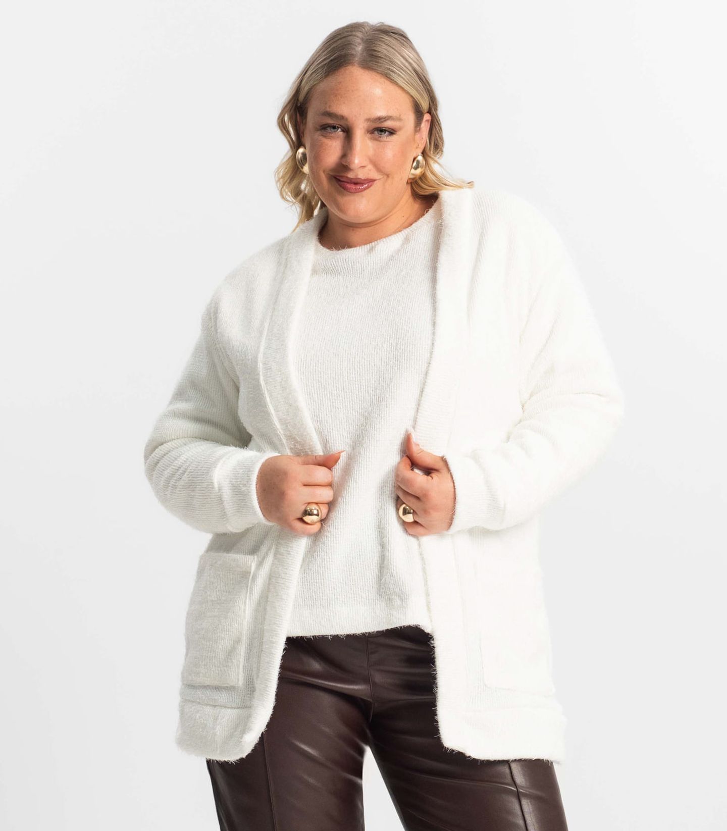 Cardigan Feminino Plus Size Em Tricot Secret Glam Bege | FastStore PDP