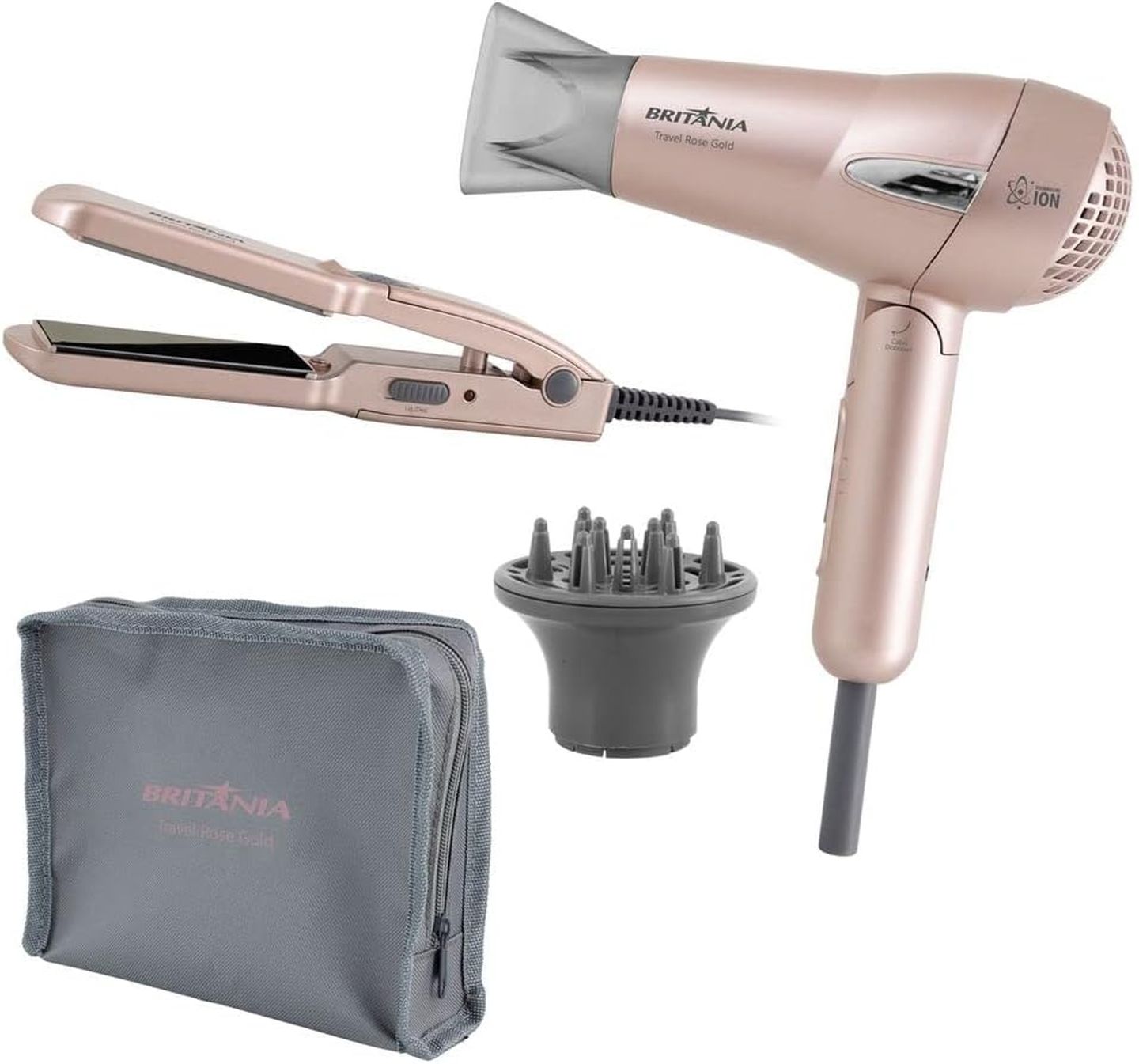 Kit Secador e Chapinha Travel Rose Bivolt - Britânia | FastStore PDP