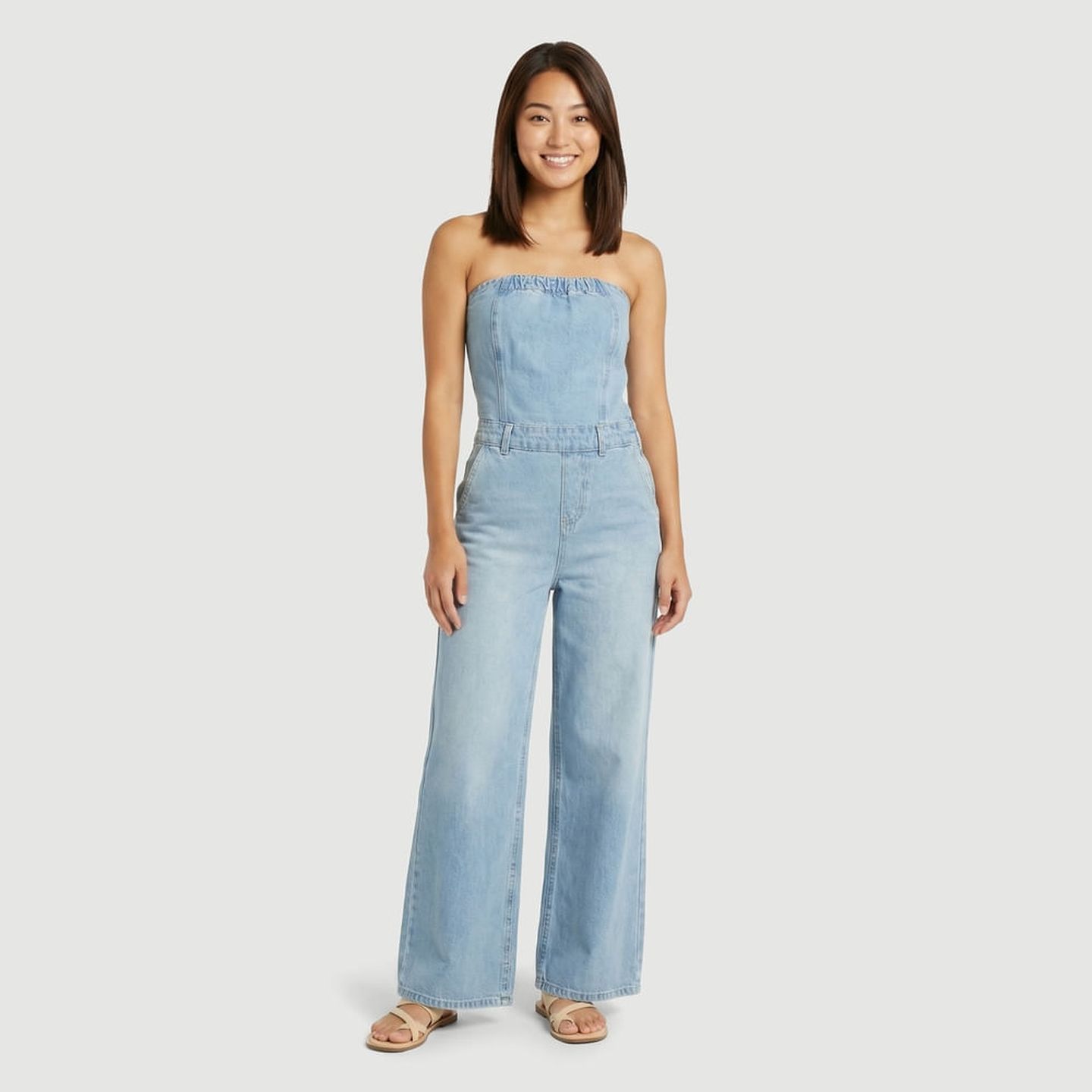 Macacão Jeans Tomara-Que-Caia Wide Leg Azul - Sawary | FastStore PDP